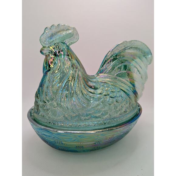 1997 Fenton 7" Misty/ Electric Blue Iridescent Rooster/Hen on Nest Covered Dish - Picture 1 of 8